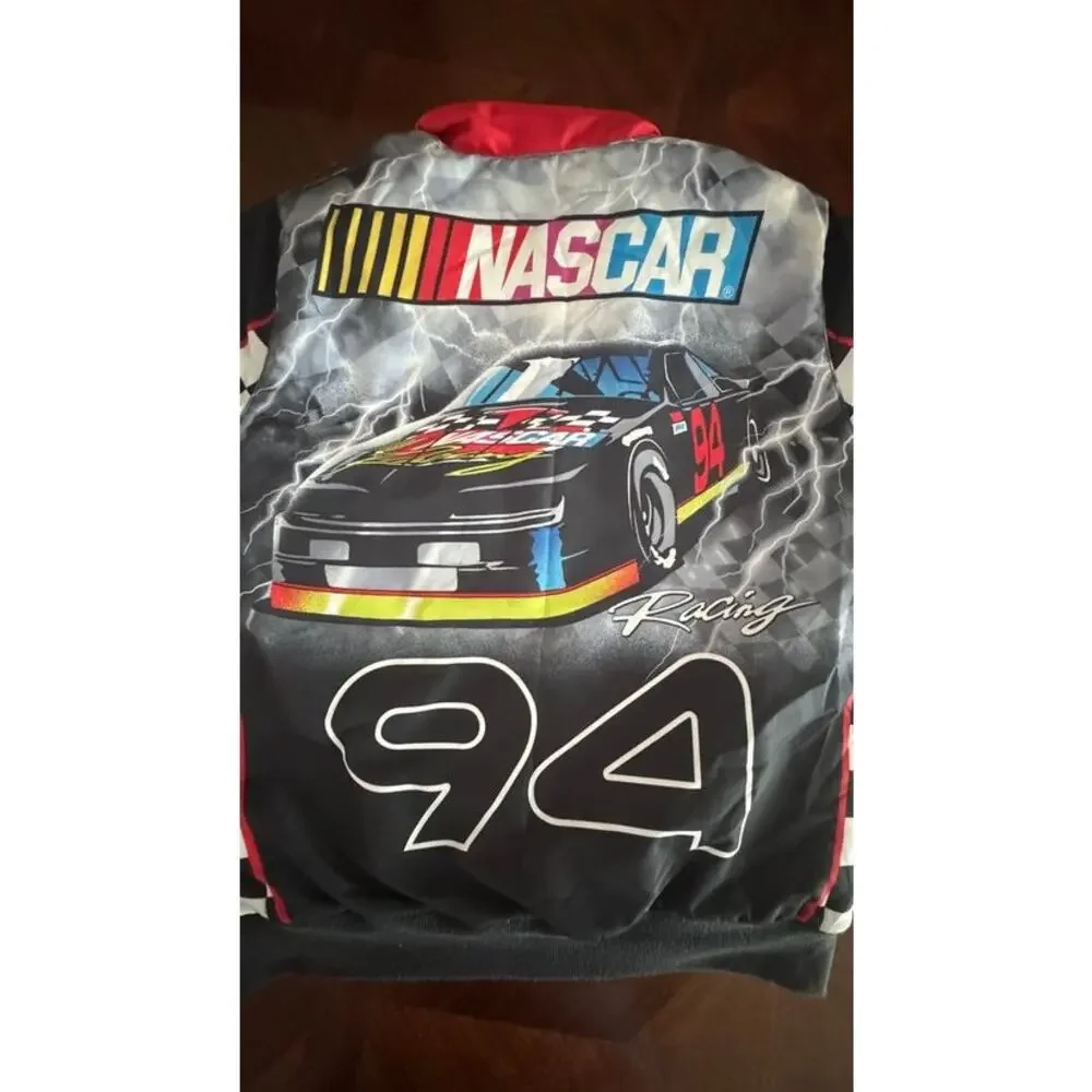 NASCAR Racing Boys 10/12 Black Red #94 Bomber Jacket Checkered Race Car